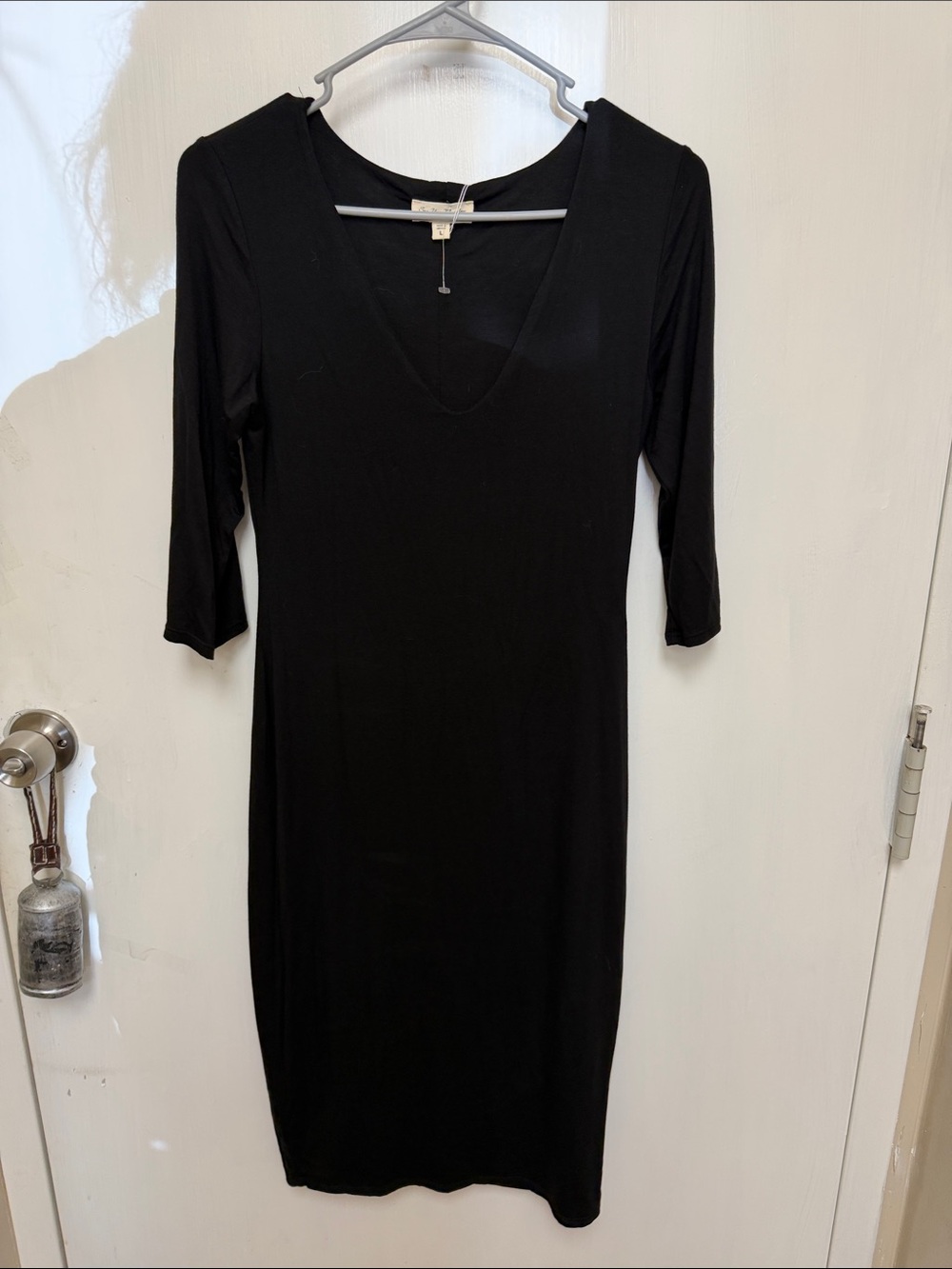See You Monday Black V-Neck Midi Dress with 3/4 Sleeves